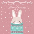 Rabbit. Bunny. Christmas vector card with cute animal in a cozy Norwegian sweater, in pastel colors. Minimalist flat illustration