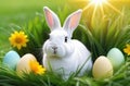 Rabbit bunny hare with Easter eggs in green grass. White little Easter bunny animal outdoor in spring yellow flowers meadow, sun Royalty Free Stock Photo