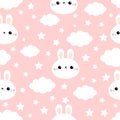 Rabbit bunny hare face. Cloud in the sky. Seamless Pattern. Cute cartoon kawaii funny smiling baby character. Wrapping paper,