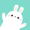 Rabbit bunny head face in the corner. Waving paw print hand. Happy Easter. Cute cartoon kawaii funny baby character. Farm animal.