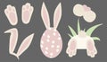 Rabbit or Bunny Vector Easter Set. Cartoon or Flat Isolated Illustration of Paws, Ears, Egg, Bottom with Tail and Cute Muzzle. Royalty Free Stock Photo