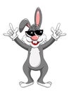 Rabbit or bunny wearing sunglasses rock gesture isolated