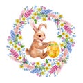 Rabbit carrying a basket of eggs. Easter. Frame of spring flowers. Watercolor.
