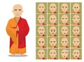 Religious Bhuddhist Monk Pray Standing Cartoon Emotion faces Vector Illustration