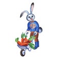 Rabbit with a cart of carrots.Watercolor illustration. Royalty Free Stock Photo