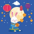 Rabbit cartoon in traditional cloth mooncake moon and lanterns vector design