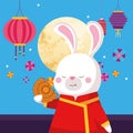 Rabbit cartoon in traditional cloth mooncake moon and lanterns vector design