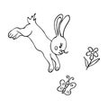 A rabbit catches a butterfly, a flower is growing nearby. Hand drawn black line. A hare is a wild animal Royalty Free Stock Photo