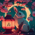 Rabbit with cherry blossom flowers and Chinese lantern style lighting in the night. Digital art. Generative AI