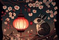 Rabbit with cherry blossom flowers and Chinese lantern style lighting in the night. Digital art. Generative AI