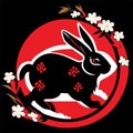 Rabbit and cherry blossoms in a circle on a black background Generative AI