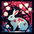 Rabbit and cherry blossoms in the garden. Vector illustration. AI Generated
