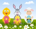 Rabbit, Chick, Lamb Holding Easter Eggs