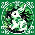 Rabbit and chinese hieroglyphs on a green background generative AI Royalty Free Stock Photo