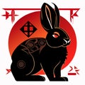 Rabbit with chinese hieroglyphs on a red background Generative AI Royalty Free Stock Photo