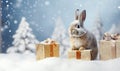 A rabbit with Christmas presents lost in a snowy forest.