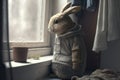 Rabbit in clothes stay alone near window feeling depressed being alone, created with Generative AI technology