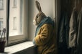 Rabbit in clothes stay alone near window feeling depressed being alone, created with Generative AI technology