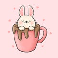 Rabbit in a cup of chocolate cartoon hand drawn style