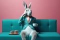 Rabbit with cup tea. Generate AI