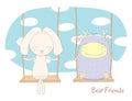 Rabbit and cute monster on a swing Royalty Free Stock Photo