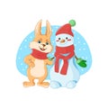 Rabbit and cute snowman standing together