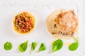 Rabbit cutlets with mashed potatoes and mushroom sauce on white plate Royalty Free Stock Photo