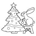 The rabbit decorates the Christmas tree. Hand drawn Vector illustration in doodle style. Black line art. Chinese New Year 2023 Royalty Free Stock Photo