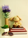 Rabbit doll sitting on notebook with artificial of green plant still life Royalty Free Stock Photo