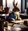 Rabbit dressed as businessman doing paperwork at office desk, generative ai