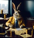Rabbit dressed as businessman doing paperwork at office desk, generative ai