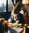 Rabbit dressed as businessman doing paperwork at office desk, generative ai