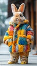 A rabbit dressed in a colorful jacket standing upright on a wooden path