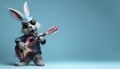 Bunny dressed in punk rock style plays the guitar on a blue background with copy space. Generated AI Royalty Free Stock Photo