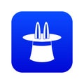 Rabbit ears appearing from a top magic hat icon digital blue Royalty Free Stock Photo