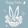 Rabbit ears, basket, butterfly, dandelion, grass, leaves, flowers, chamomile, egg. Vector illustration. Easter eggs for Easter