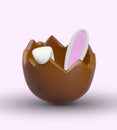 Rabbit ears stick out of half chocolate egg. Find Easter Bunny. Cute vector concept in children