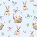 Rabbit with Easter basket on a blue background. Color Easter eggs. Watercolor drawing. Handwork. Seamless pattern Royalty Free Stock Photo