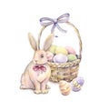 Rabbit with Easter basket on a white background. Color Easter eggs. Watercolor drawing. Handwork Royalty Free Stock Photo