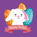 Rabbit with easter eggs decoration and ribbon Royalty Free Stock Photo