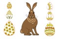 Rabbit and easter multi-colored eggs. Easter holiday doodle background