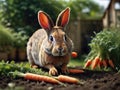 Rabbit eating carrot in homegrown vegetable garden, generative ai