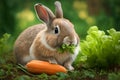 Rabbit eating piece of lettuce next to pile of carrots. Generative AI