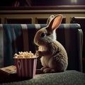 A rabbit eating popcorn next to a striped box of popcorn