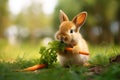 Rabbit eats a carrot. Easter bunny. Generative ai image.