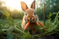 Rabbit eats a carrot. Easter bunny. Generative ai image.