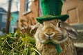 Rabbit with elf hat on green, St. Patrick\'s Day Royalty Free Stock Photo