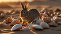 Golden Hour Bunny Amidst Seashells on Sandy Beach Royalty Free Stock Photo
