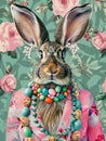 Rabbit in eyeglasses and festive egg jewelry with vintage floral wallpaper. Playful whimsical Easter card concept