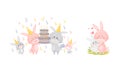 Rabbit Family with Bunny Mom and Dad Carrying Birthday Cake and Embracing Their Cub Vector Set Royalty Free Stock Photo